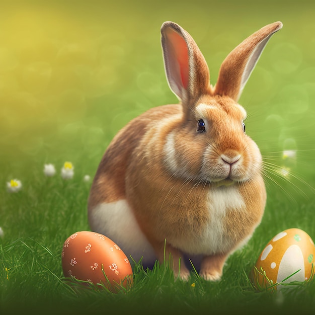 Single sedate furry Palomino rabbit sitting on green grass with easter eggs