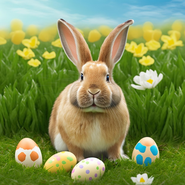 Single sedate furry Palomino rabbit sitting on green grass with easter eggs