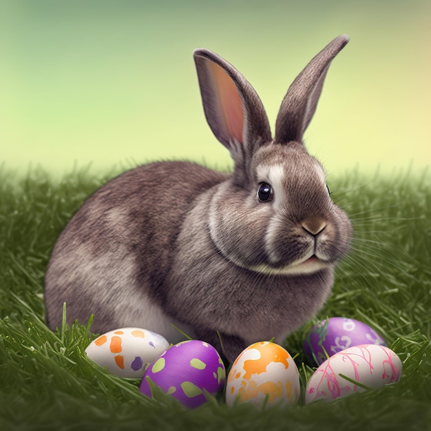 Single sedate furry Rex rabbit sitting on green grass with easter eggs