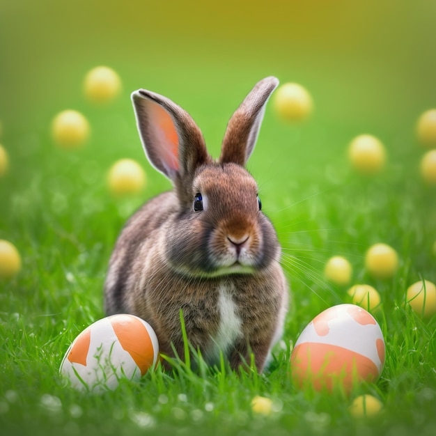 Single sedate furry Rhinelander rabbit sitting on green grass with easter eggs