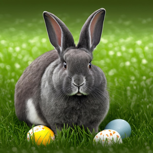 Single sedate furry Standard Chinchilla rabbit on green grass with easter eggs