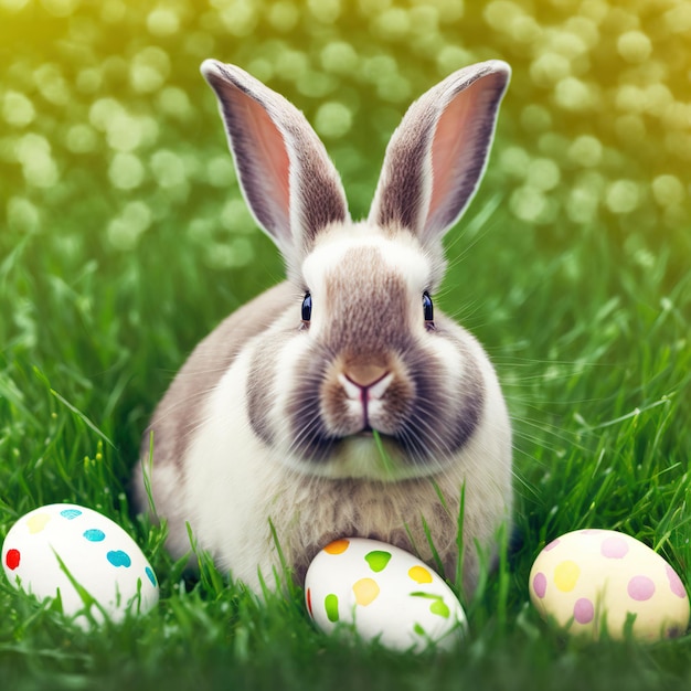 Single sedate furry Tan rabbit sitting on green grass with easter eggs