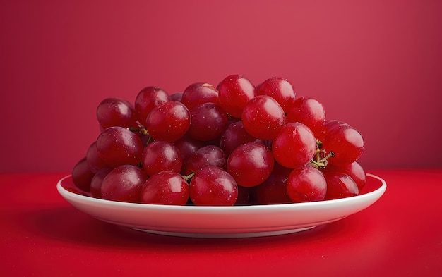 A Single Serving Of Ruby Red Grapes On A White Plate Against A Red Background