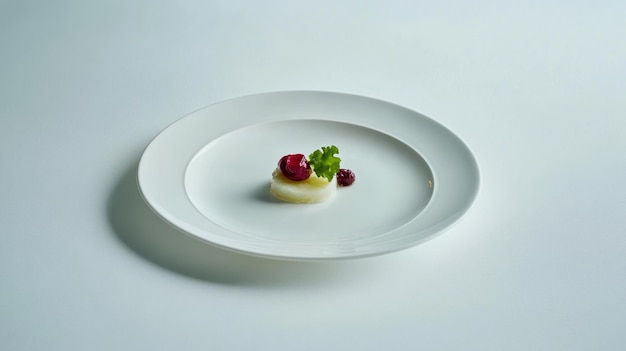 Photo a single serving of white food topped with a red cherry and a green leaf on a white plate