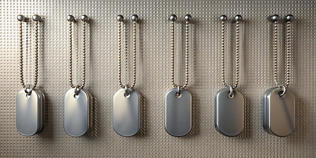 Photo a single set of military dog tags hanging from a hook on a blank wall