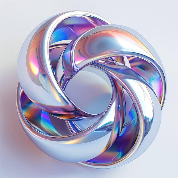 single shiny metal object forms a spiral of colorful holographic abstraction