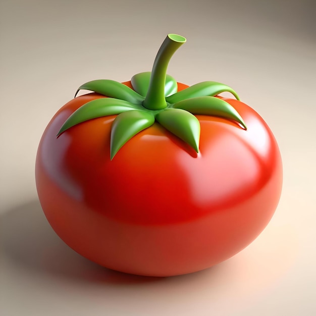 Photo a single shiny red tomato with a green stem and leaves