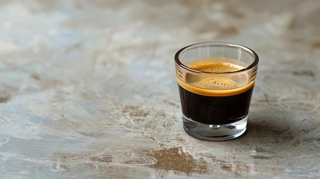 Photo a single shot of espresso in a clear glass cup sits on a rustic weathered countertop