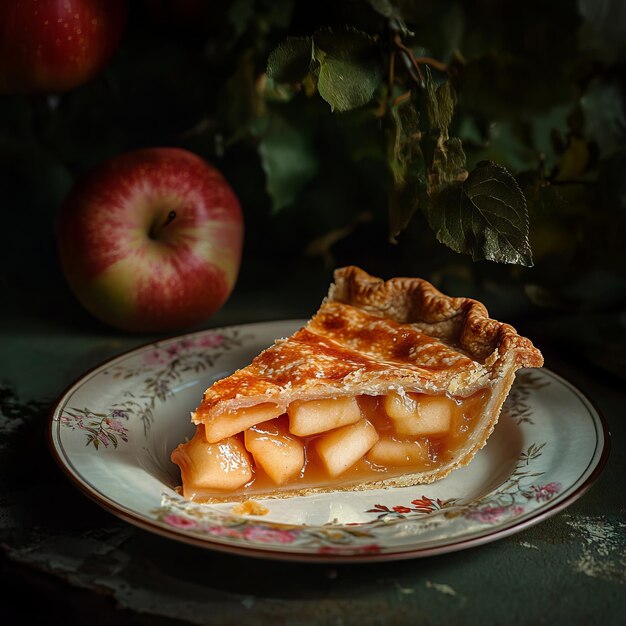 Photo a single slice of apple pie on a floral patterned plate