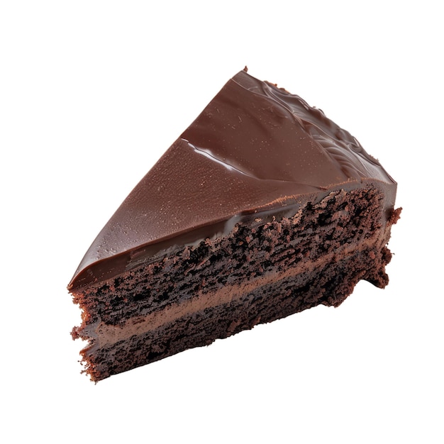 A single slice of chocolate cake with frosting on a white background