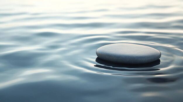 A single smooth grey stone rests on the surface of still water creating gentle ripples