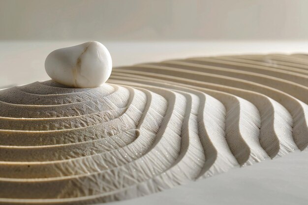 Photo a single smooth white stone is placed in the center of an intricate pattern drawn with raked sand