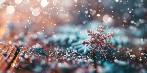 A single snowflake resting on a wooden surface