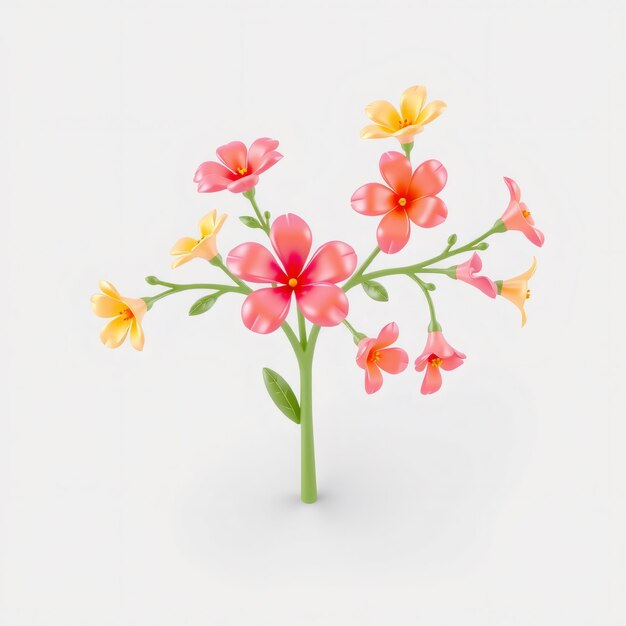 A single stem with pink and yellow flowers on a white background