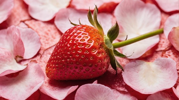 Single strawberry on bed of pink rose petals