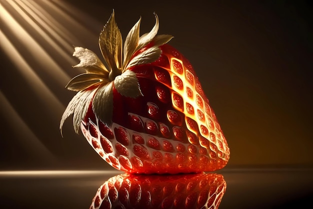 Single strawberry in spotlight display as fruit sensual seduce passion desert with red gold colors