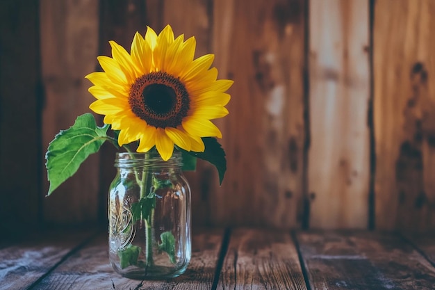 A single sunflower in a mason jar on a rustic table