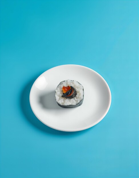 Photo single sushi roll on a white plate centered and viewed from above