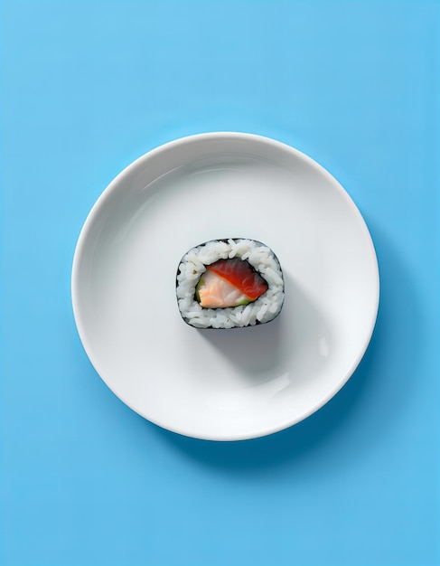 Photo single sushi roll on a white plate centered and viewed from above