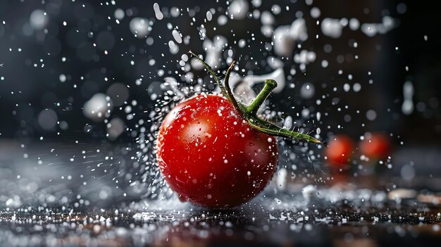 A single tomato sits on a dark surface splashed with water