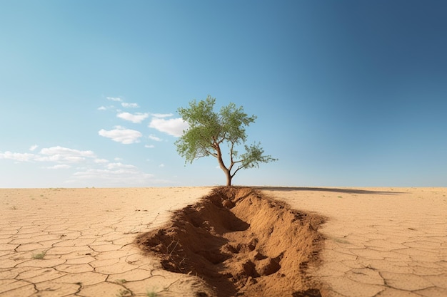 Single tree in the middle of a broken desert in global warming concept with Generative AI