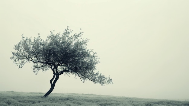 Single tree silhouetted against a foggy sky