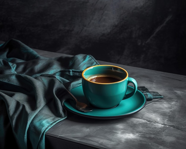 Single turquoise cup of coffee on a table Generative AI