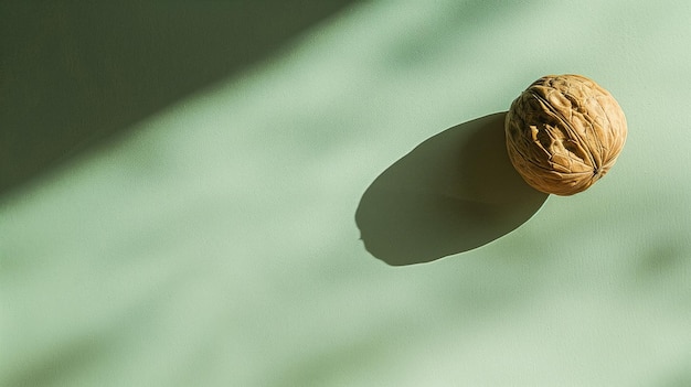 Single walnut casting shadow on green surface highlighted by sunlight