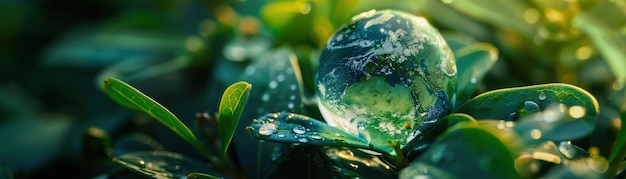 A single water droplet containing the reflection of Earth nestled among green foliage