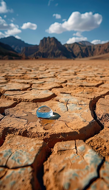 A single water droplet remains still on a surface with visible cracks