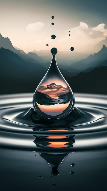 A single water droplet suspended in midair reflects a breathtaking sunset over a mountain range