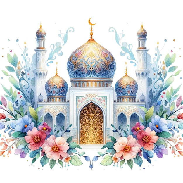 A single watercolor clipart of a beautifully decorated mosque conveying the spirit of Ramadan Mubar