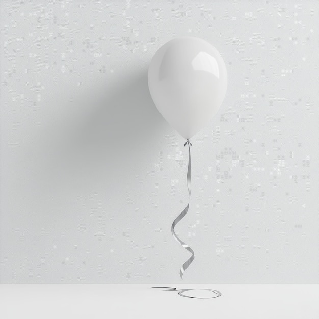 Single White Balloon with Silver Ribbon on White Textured Background