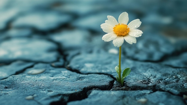 Photo a single white daisy flower blooms from a crack in the dry cracked earth