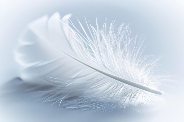 Photo single white feather on soft blue background symbol of delicacy purity and serenity