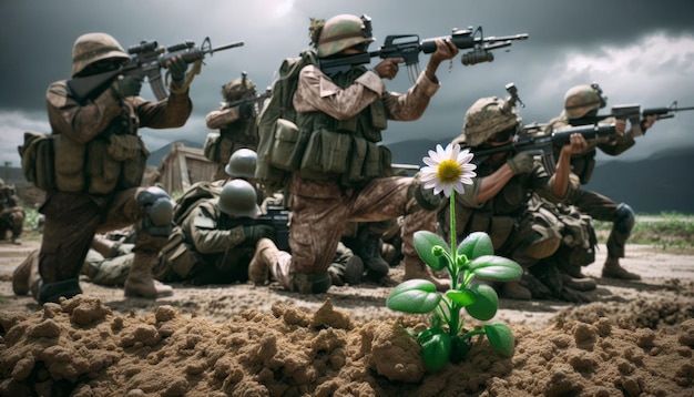 A single white flower blooms from the ground in front of a group of soldiers symbolizing hope and l