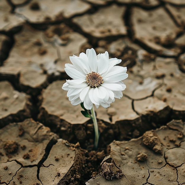 a single white flower is growing in the dirt