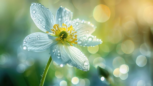 A single white flower with water droplets bathed in soft sunlight