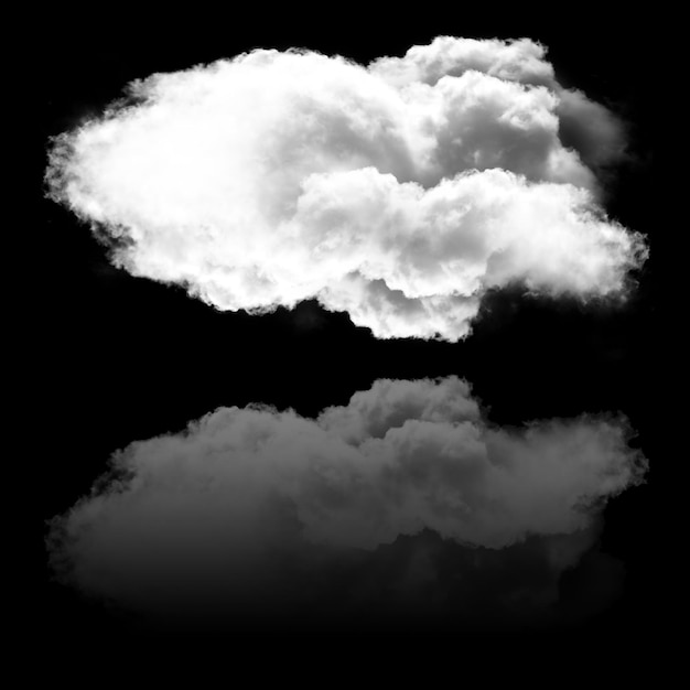 Single white fluffy cloud and its reflection isolated over black background