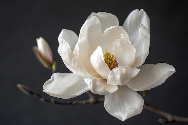 A single white magnolia flower on a grey background in high resolution photography