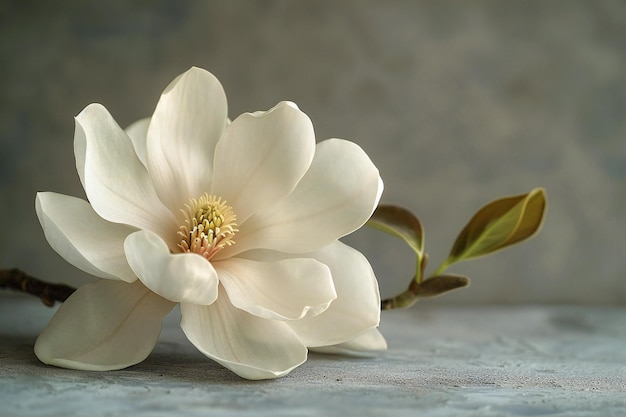 A single white magnolia flower on a grey background in high resolution photography