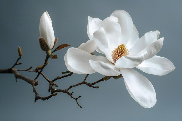 A single white magnolia flower on a grey background in high resolution photography