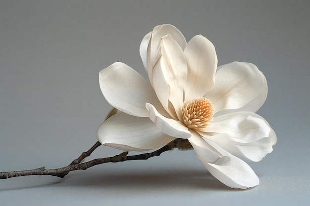 A single white magnolia flower on a grey background in high resolution photography