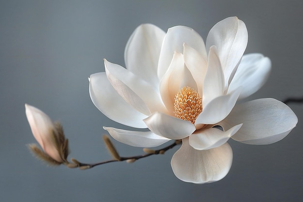 A single white magnolia flower on a grey background with natural lighting in a high resolution pho