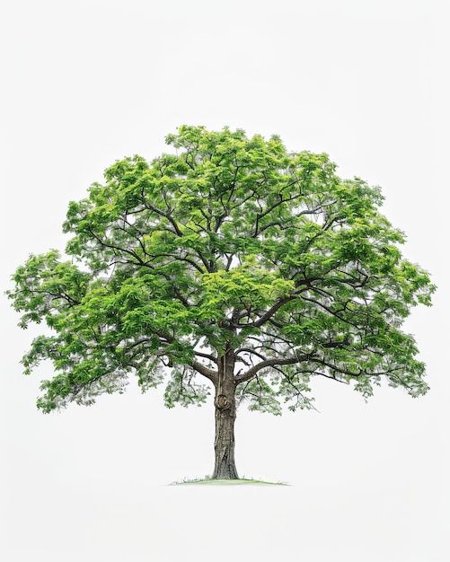 A single White Oak tree displays lush green leaves against white