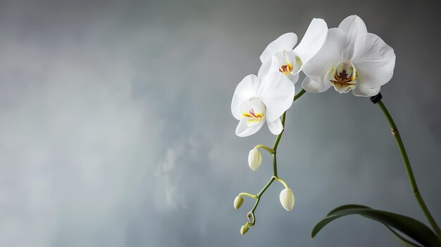 a single white orchid in full bloom against a soft grey background