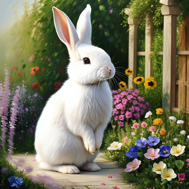 Single White Rabbit in Flower Garden A Rabbit Walking in the Ga