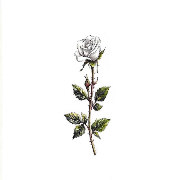 Photo single white rose with thorns illustration