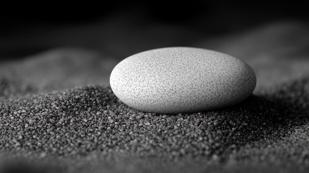 Photo a single white stone resting on a bed of black sand