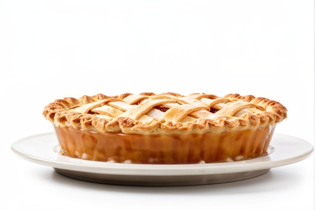 Photo a single whole apple pie with a lattice crust on a white plate